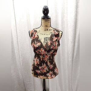 The Loft sz 4 ~ Sleeveless Silky Ruffled Top Brown Floral Blouse - Ann Taylor